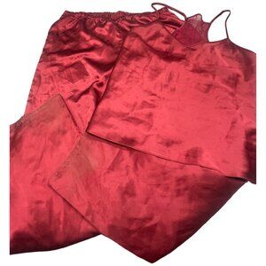 pants sleeveless shirt pajama set red shine polyester elastic size medium READ